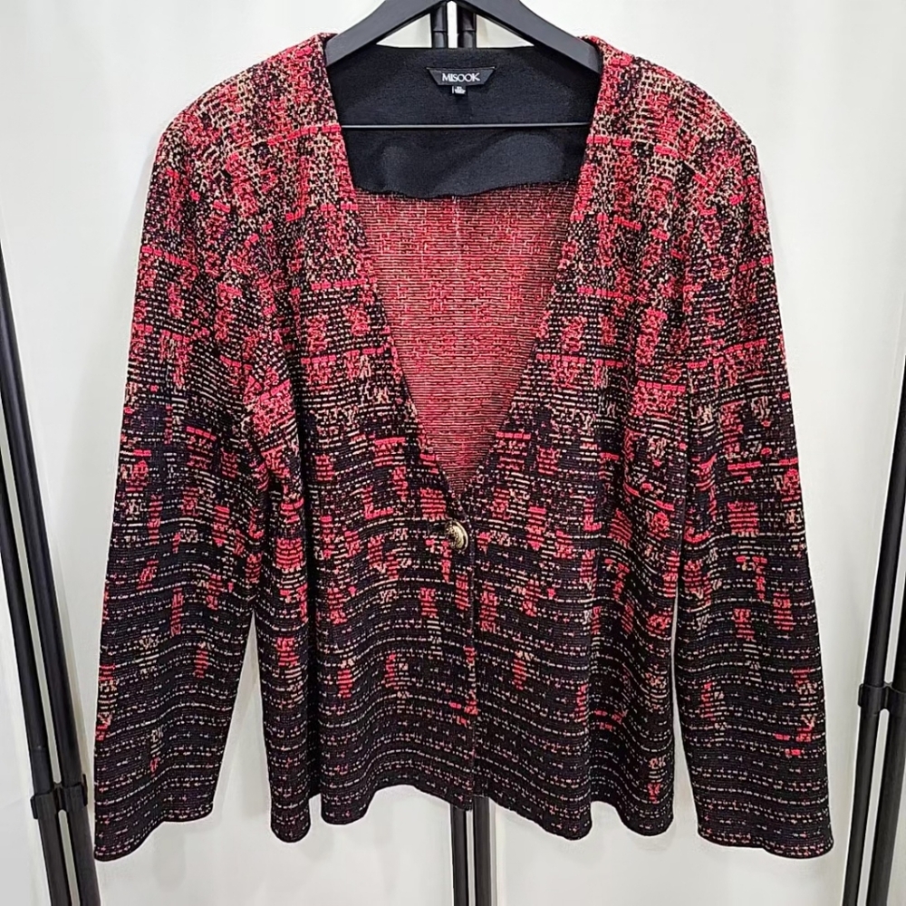 MISOOK knit blazer cardigan suit jacket one button black red gold metallic XL